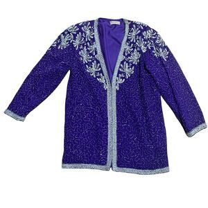 Vtg Purple Sequin Beaded Silk Cardigan Top Faux Silk Boutique Women’s Medium